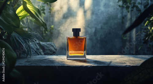 An amber-colored perfume bottle rests on a stone surface, surrounded by greenery in a tranquil setting filled with soft light