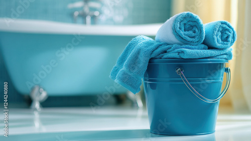 Clean folded towels are neatly arranged in a bright blue bucket beside a vintage bathtub, creating a calming bathroom atmosphere