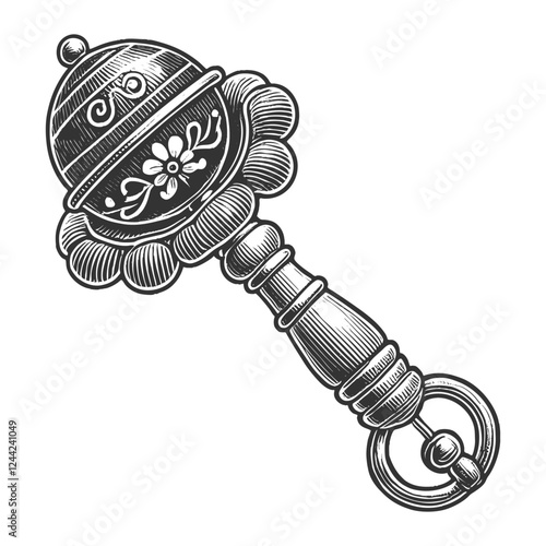 Baby Rattle engraving sketch vector illustration
