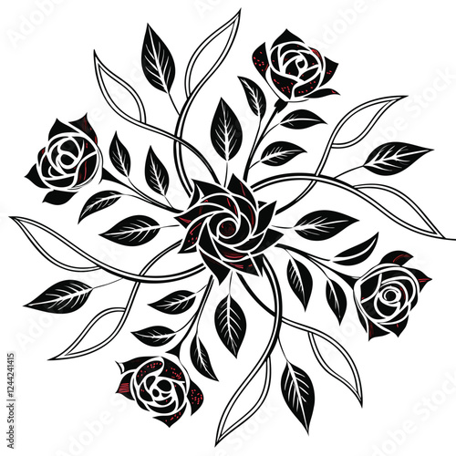 Elegant Black and White Rose Mandala Tattoo Design Floral Art Print Graphic Vector Illustration