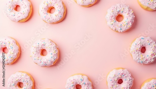 Donuts rosados ​​esmerilados con chispas dispuestas sobre un fondo rosa claro. Los donuts tienen una base de color marrón dorado y están espaciados uniformemente photo