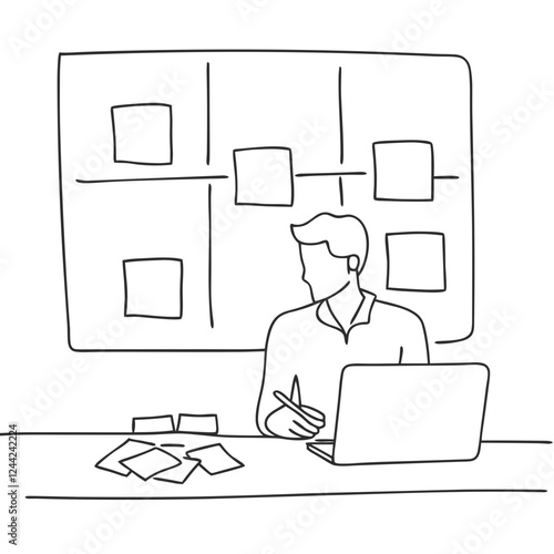 Line art of a person planning with a laptop and a bulletin board filled with notes