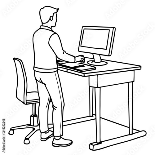 Line art of a young man working at a standing desk with a computer monitor