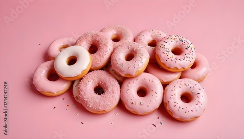 Donuts rosados ​​esmerilados con chispas dispuestas sobre un fondo rosa claro. Los donuts tienen una base de color marrón dorado y están espaciados uniformemente photo