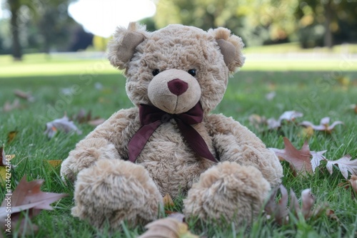Cute teddy bear is sitting on green grass with fallen autumn leaves, evoking feelings of childhood memories, nostalgia, and warmth