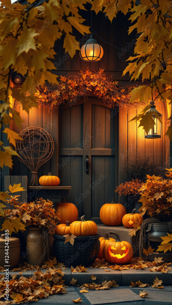 Obraz premium Rustic Halloween decoration with yellow leaves, natural, vibrant