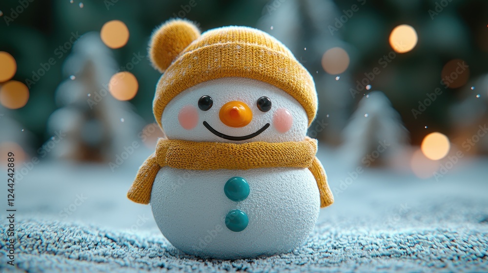Obraz premium Adorable Snowman Wearing Yellow Knit Hat and Scarf