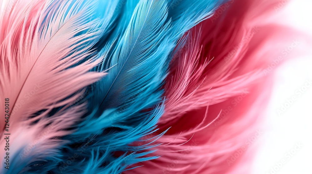 Fototapeta premium Macro View of Fluffy Pastel Feathers: Blue Pink and Red Hues