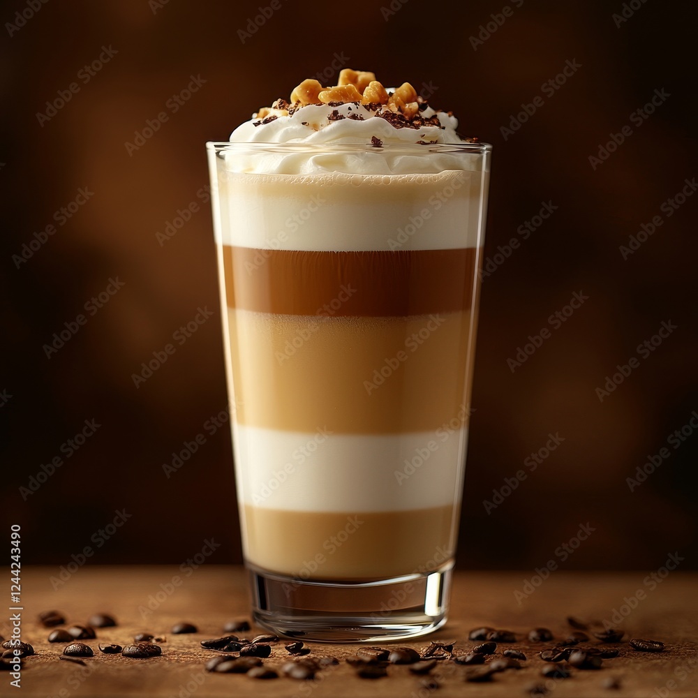 A glass of layered latte macchiato topped with whipped cream, nuts, and chocolate shavings on a warm background. A glass of layered latte macchiato topped with whipped cream, nuts, and chocolate shavings on a warm background.