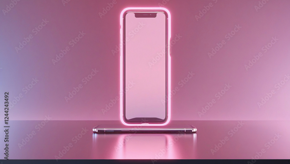 Glowing Smartphones Mockup with Reflective Surface and Neon Aura Glowing Smartphones Mockup with Reflective Surface and Neon Aura