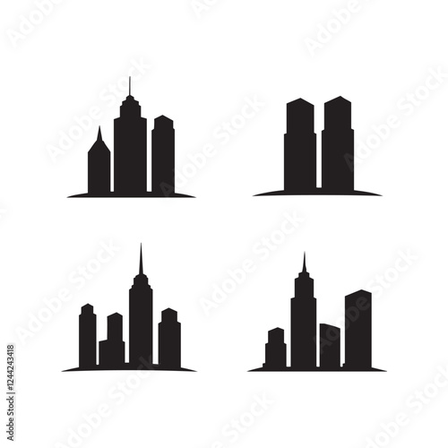  city buildings silhouettes, architectural symbols 