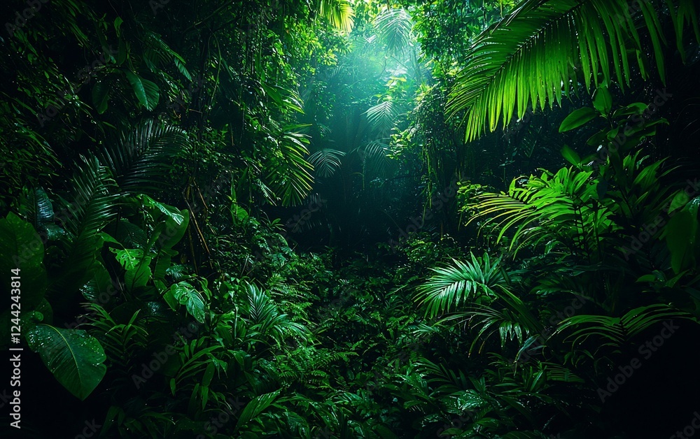 Fototapeta premium Lush green rainforest with sunlight streaming through canopy.