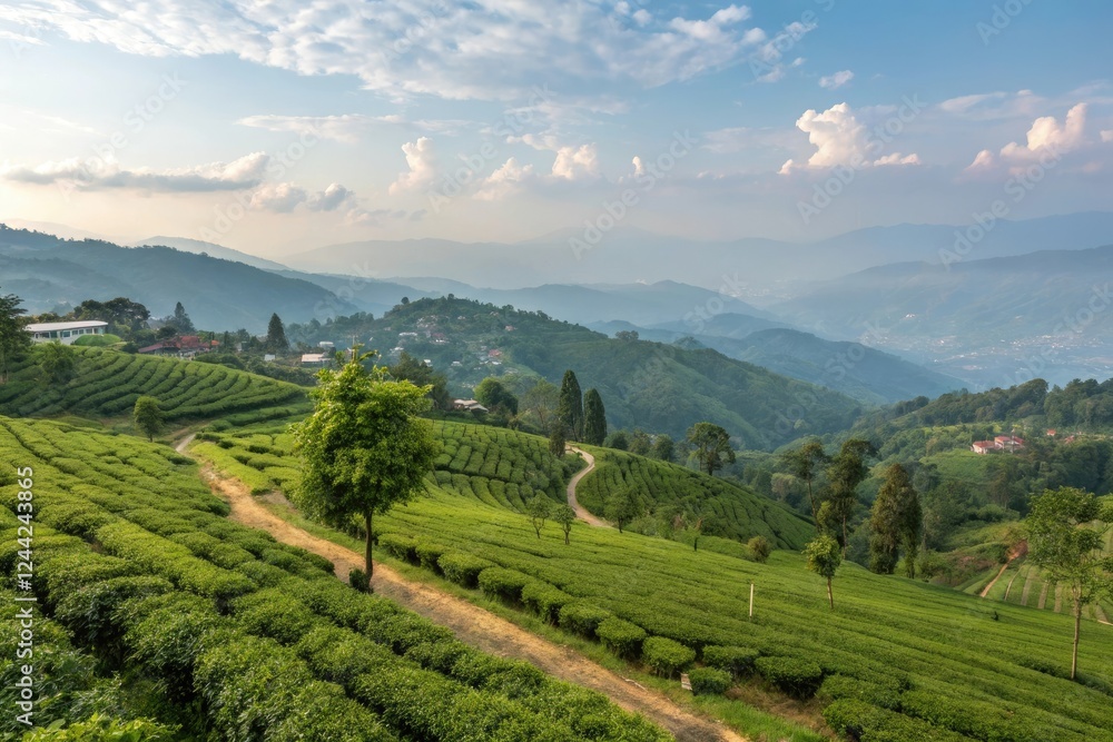 Serene countryside landscape of Kurseong with a vast expanse of tea fields and orchards, serene landscape, tea fields, rural scene, orchard Serene countryside landscape of Kurseong with a vast expanse of tea fields and orchards, serene landscape, tea fields, rural scene, orchard