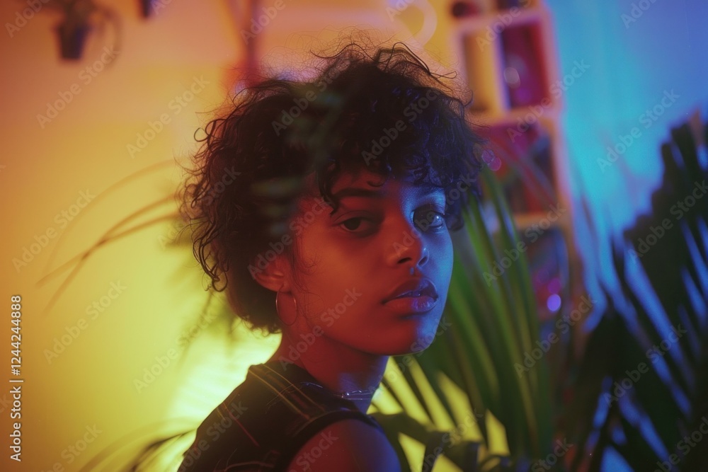 Portrait of a young woman with curly hair posing in a room illuminated by colorful neon lights and surrounded by plants Portrait of a young woman with curly hair posing in a room illuminated by colorful neon lights and surrounded by plants