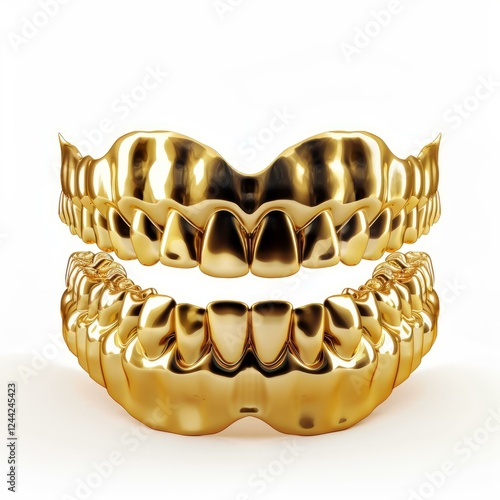 Gold teeth grill shining on white background, representing wealth, luxury and expensive dental care photo