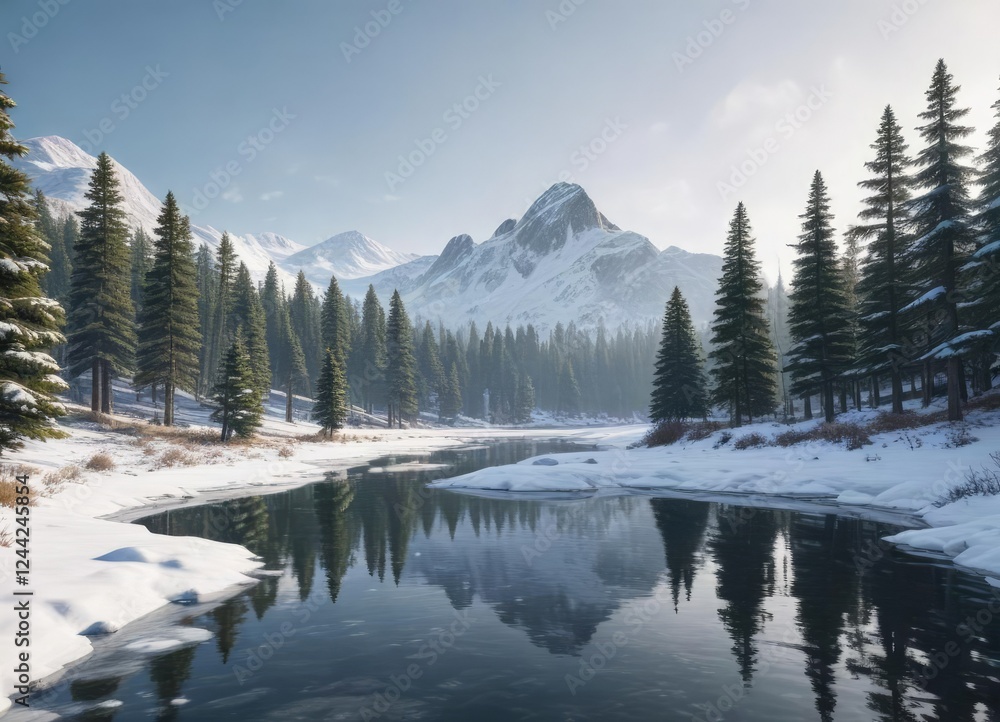 Snow-covered hills with a frozen pond and pine trees, winter, hills Snow-covered hills with a frozen pond and pine trees, winter, hills