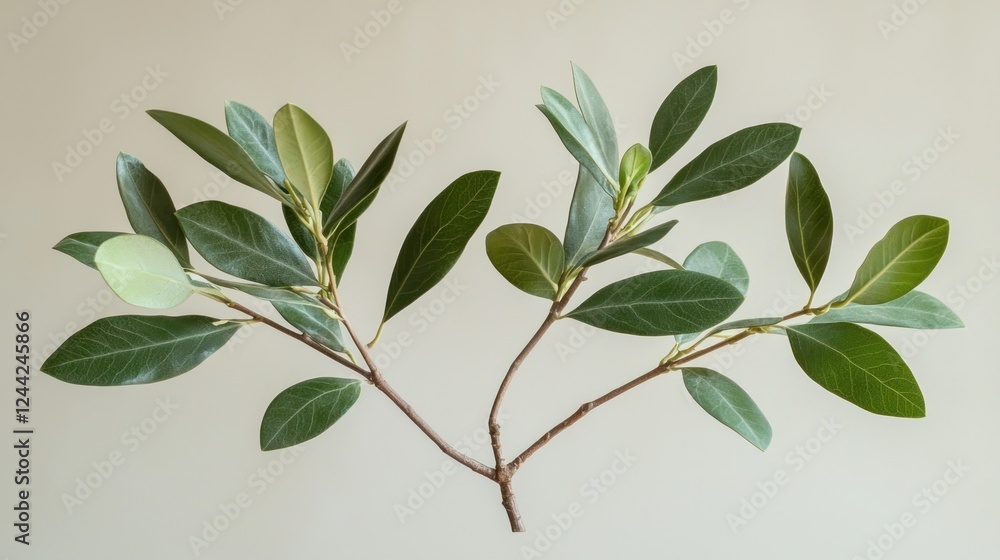 Studio shot of foliage branch against light beige background