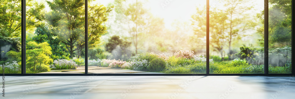 Naklejka premium Panoramic interior space with glass walls showcasing a blurred summer garden view