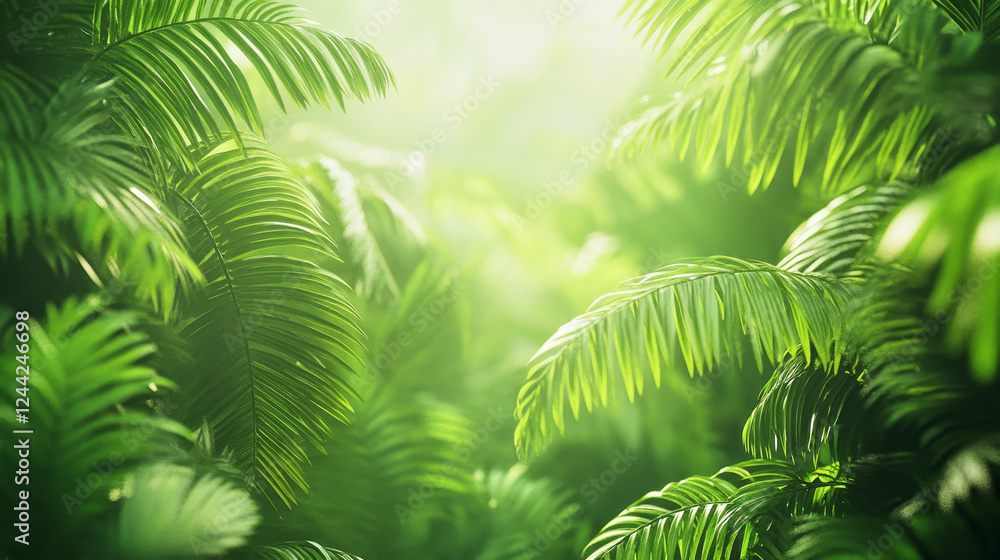 Lush jungle foliage illuminated by soft natural light in a tropical setting Lush jungle foliage illuminated by soft natural light in a tropical setting