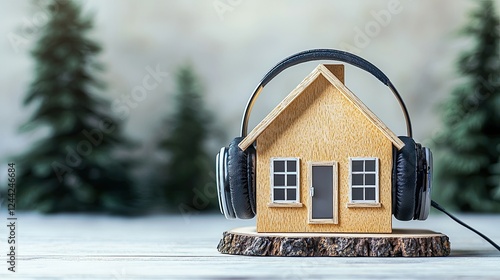 Miniature wooden house wearing black headphones, symbolizing home audio, music, or soundproofing, with blurred trees in the background