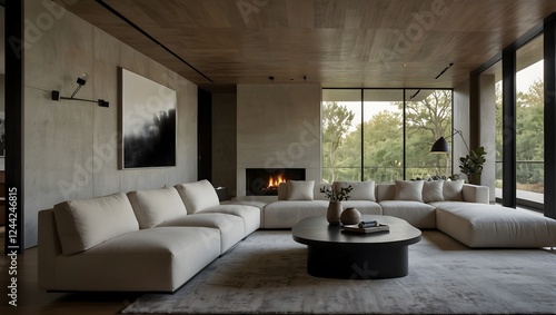 Modern living room with neutral color palette, large modular sofa, and minimalist decor emphasizing natural light