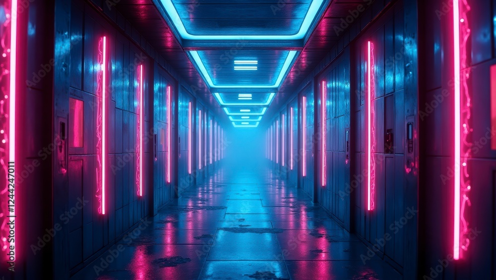 A futuristic neon hallway with glowing cyberpunk textures, pulsating holographic lights reflecting off the metal walls. The space has a high-tech, sci-fi feel with deep blue and purple tones. A futuristic neon hallway with glowing cyberpunk textures, pulsating holographic lights reflecting off the metal walls. The space has a high-tech, sci-fi feel with deep blue and purple tones.