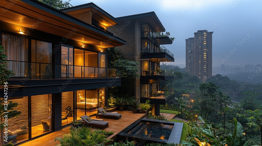 Fototapeta premium Modern Hillside Residence with Stunning City Views