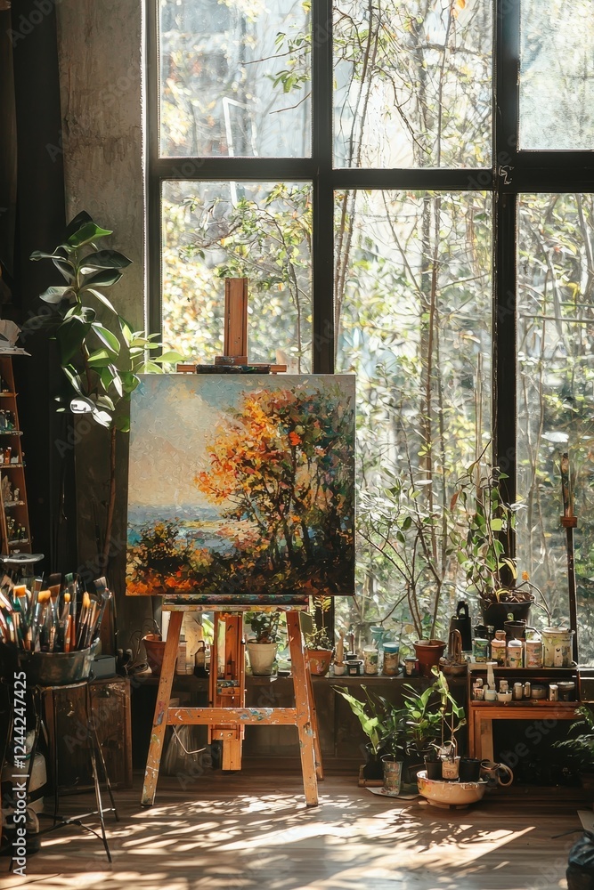 Obraz premium A peaceful, light-filled painting studio with summer scenery visible through large windows, creating a cozy atmosphere
