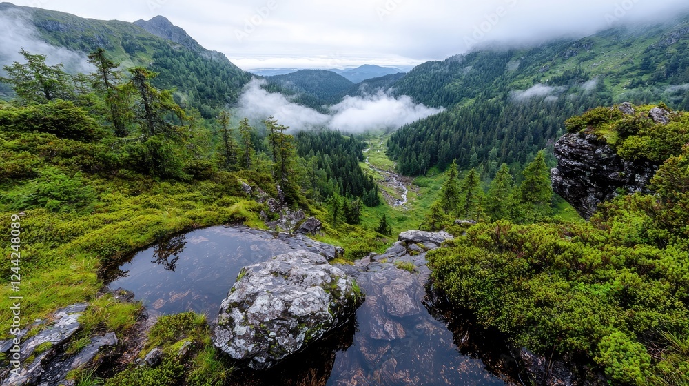 Misty mountain valley view from a rocky outcrop Misty mountain valley view from a rocky outcrop