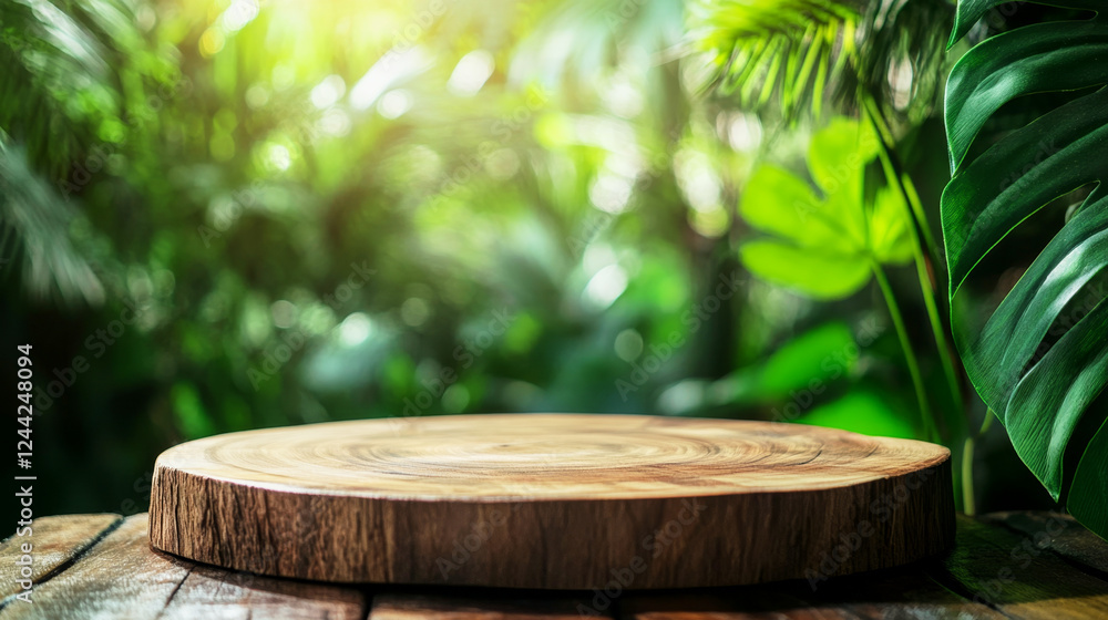 Wooden pedestal set in vibrant tropical forest perfect for showcasing cosmetics or skincare items Wooden pedestal set in vibrant tropical forest perfect for showcasing cosmetics or skincare items