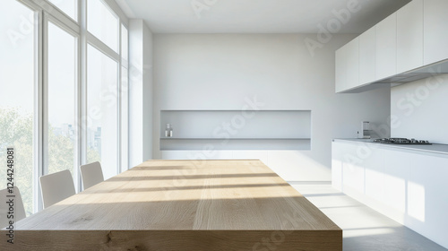 Modern white kitchen with natural wood table and daylight for food presentation