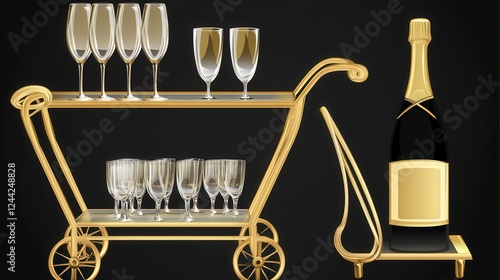 Opulent Gold Bar Cart with Champagne Bottle and Wine Glasses for a Luxurious Event