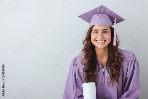  Cheerful young graduate in lavender gown, bright smile, holding diploma, close-up portrait, academic pride, minimalistic setting, copy space for text, future aspirations photo