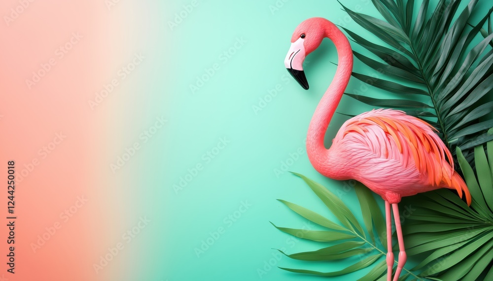 Fototapeta premium Stylish Summer Composition Featuring Pink Flamingo On Light Background. Creative Art With Contemporary Design And Ample Writing Space Available.