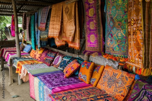 Wallpaper Mural Vibrant textiles add a splash of color to a market stall, showcasing traditional craftsmanship and cultural heritage Torontodigital.ca