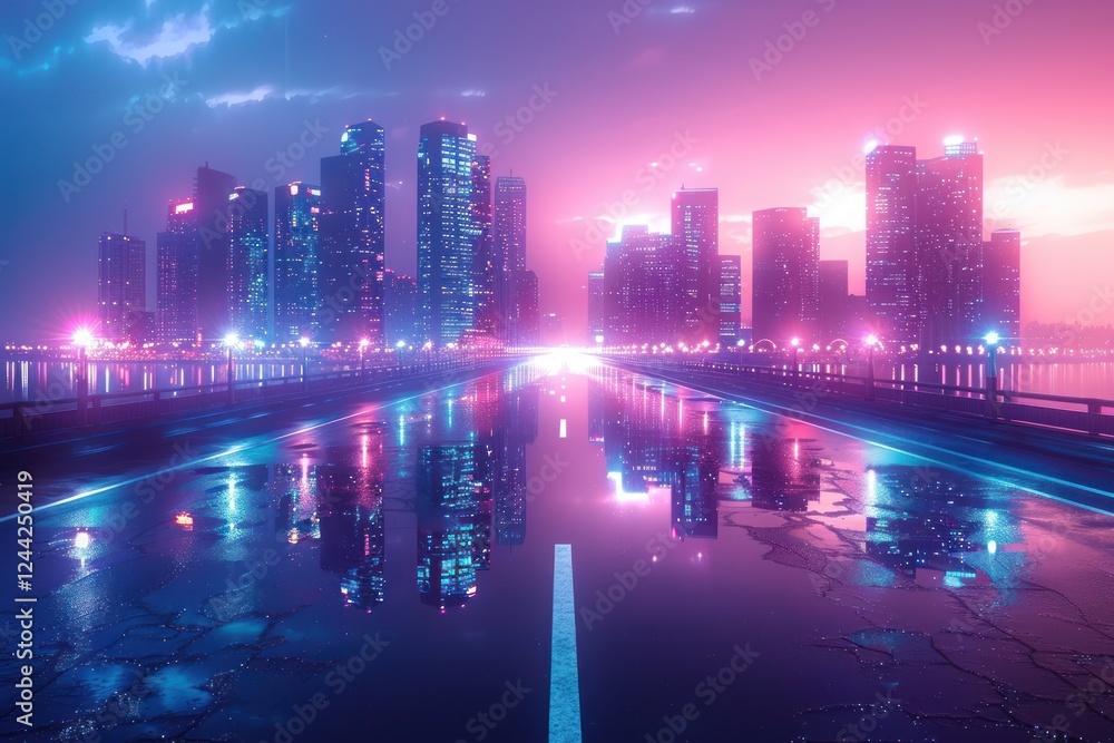 Obraz premium Neon lights illuminate a modern city skyline at night with reflections on a glossy road, creating a stunning atmosphere