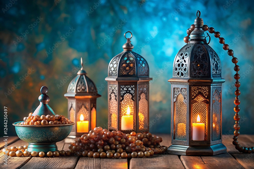 Illuminated Ramadan lanterns, prayer beads, bokeh background Illuminated Ramadan lanterns, prayer beads, bokeh background
