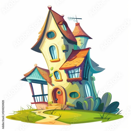 A cartoon house with a porch and a door