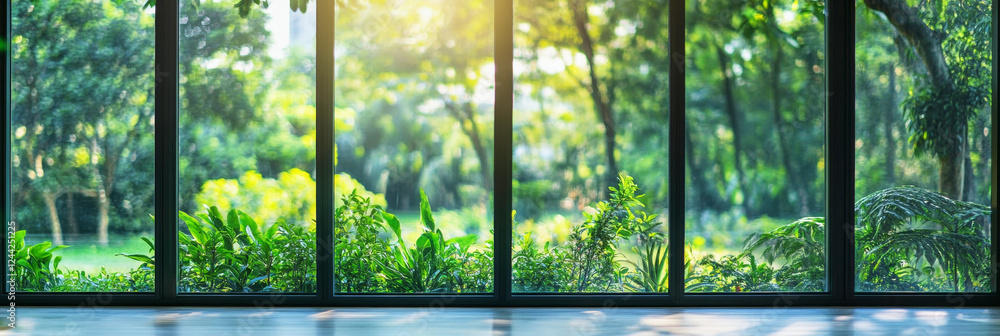 Blurry glass windows framing a tranquil garden with soft natural light in peaceful surroundings Blurry glass windows framing a tranquil garden with soft natural light in peaceful surroundings