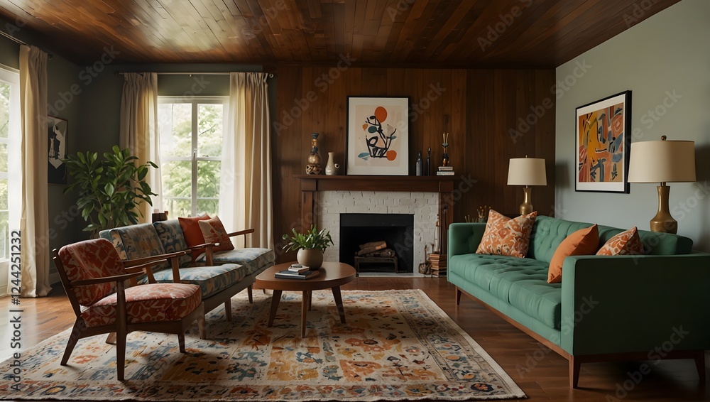 Well-lit living room with wood walls, fireplace, two sofas, a chair, and ornate patterned rug Well-lit living room with wood walls, fireplace, two sofas, a chair, and ornate patterned rug