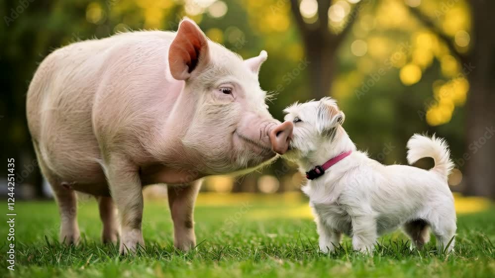 Adorable pig and dog portrait sniffing each other. Green park as background Adorable pig and dog portrait sniffing each other. Green park as background