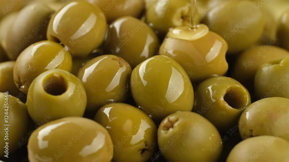 Pouring olive oil on heap of green olives, close up