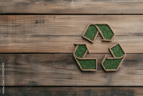 Rustikales Recycling-Symbol aus natürlichen Materialien auf Holzuntergrund

 photo