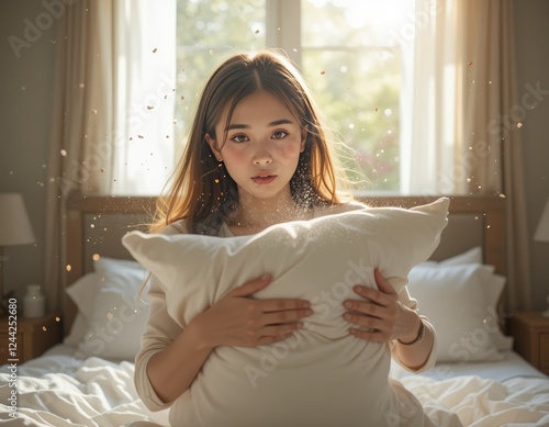 Woman shaking out a pillow in a sunlit bedroom, with dust particles floating in the air and a worried expression on her face, aware of dust mites Generative AI