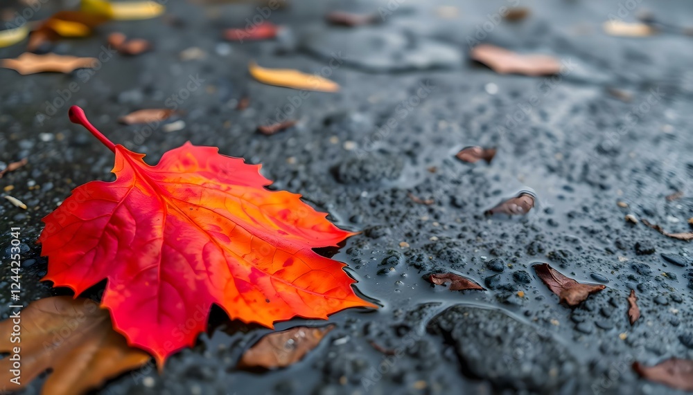 a red leaf laying on a wet surface a red leaf laying on a wet surface