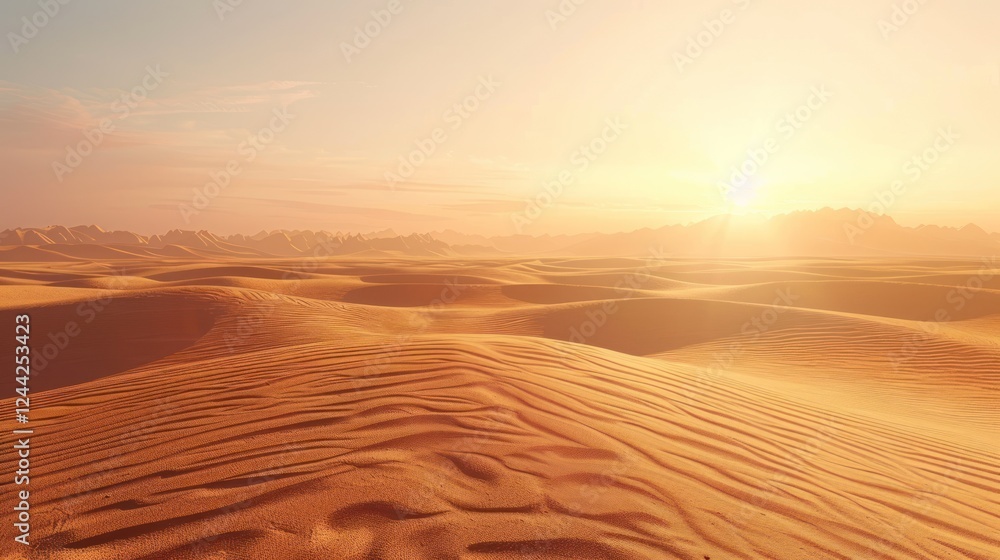 Naklejka premium Gentle rolling dunes stretch endlessly under a warm, diffused glow as the sun rises in the peaceful desert