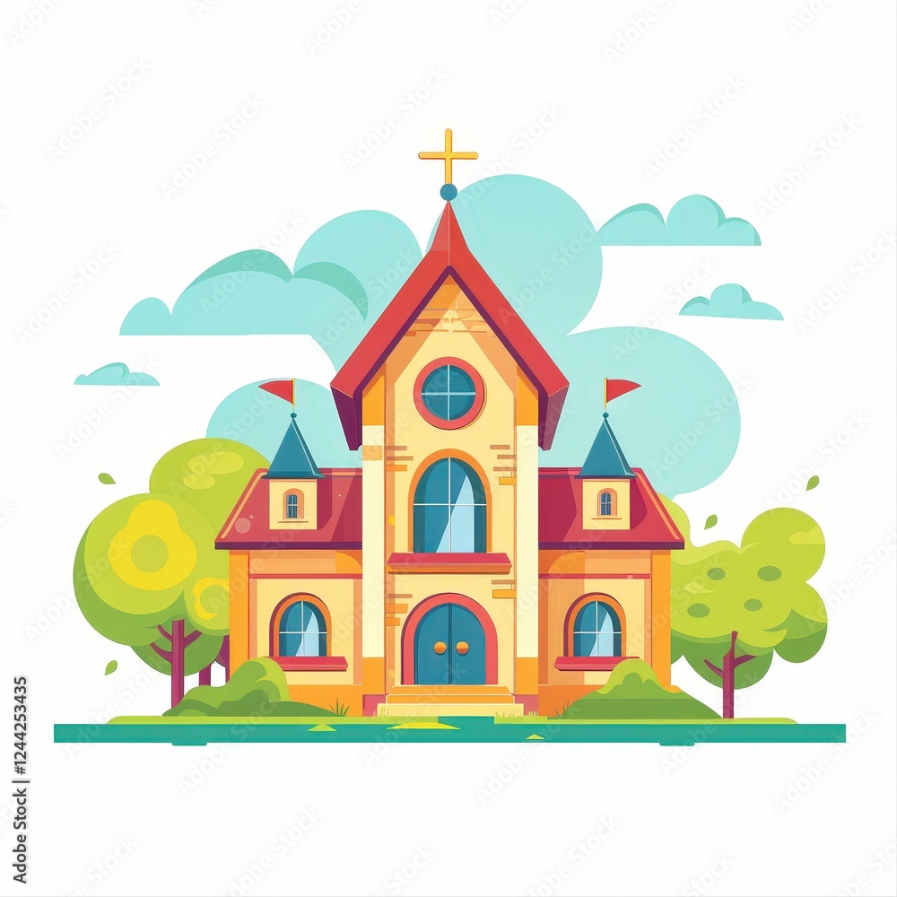 A large, red brick church with a steeple and a cross on top A large, red brick church with a steeple and a cross on top