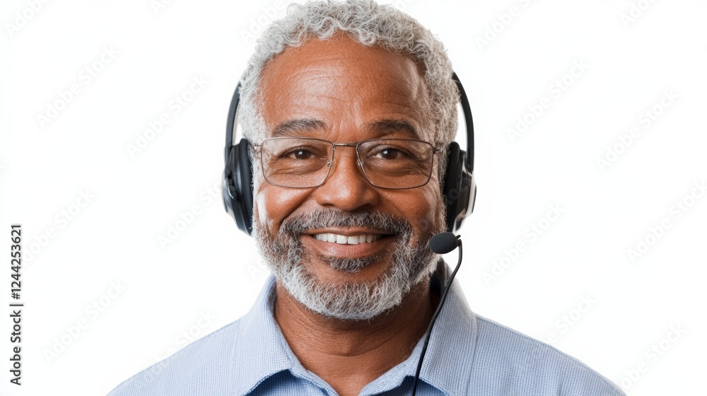 Smiling mature african male customer service representative with headset Smiling mature african male customer service representative with headset