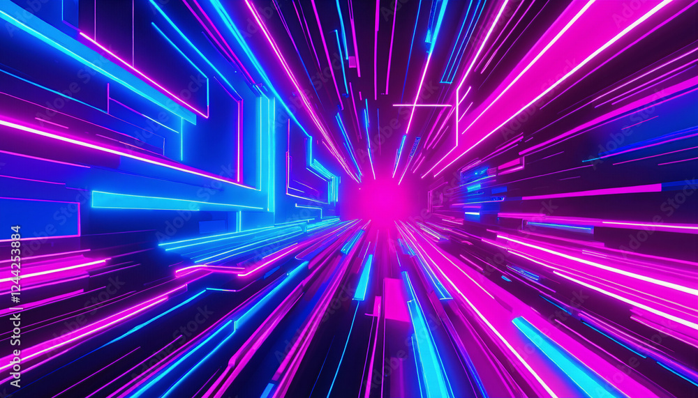 Obraz premium Futuristic neon lights speed burst background with digital abstract motion effect