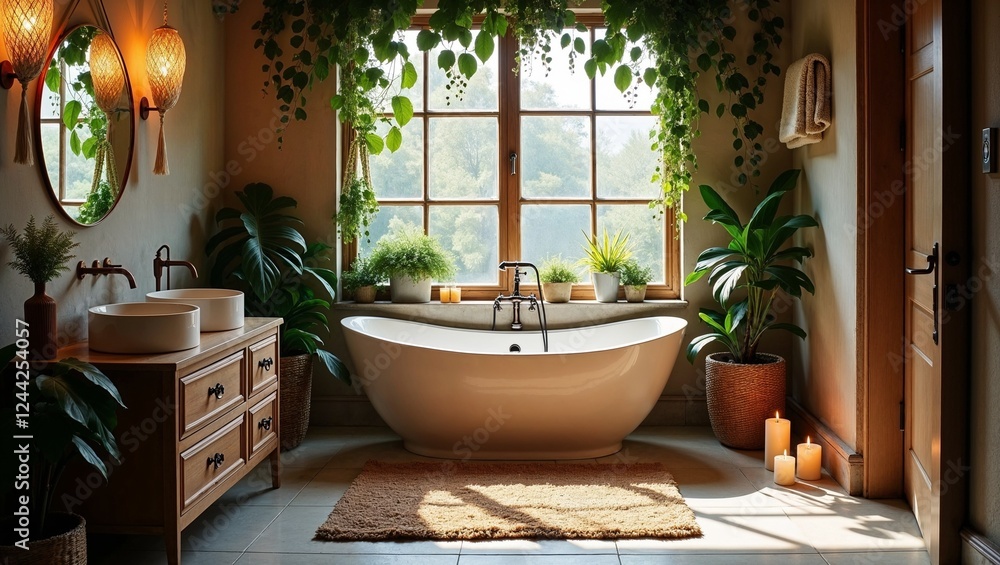 A serene bohemian-inspired bathroom with a majestic freestanding bathtub as its centerpiece, set against a warm, earthy-toned backdrop, devoid of any windows, creating an intimate ambiance